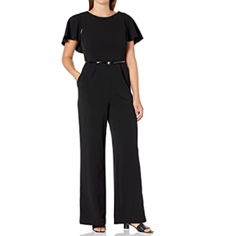 Calvin Klein Women's Belted Jumpsuit with Caplet Sleeve, Black 2 Brand New