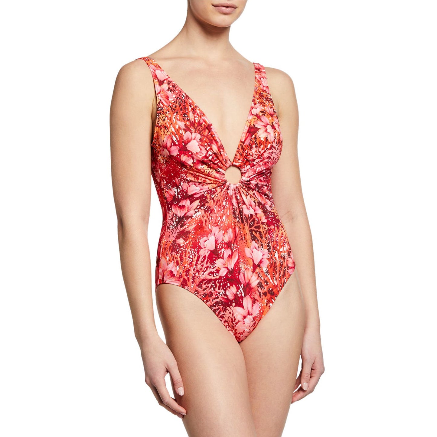 Carmen Marc Valvo Printed Deep V One-Piece Swimsuit, Coral Reef, size 8