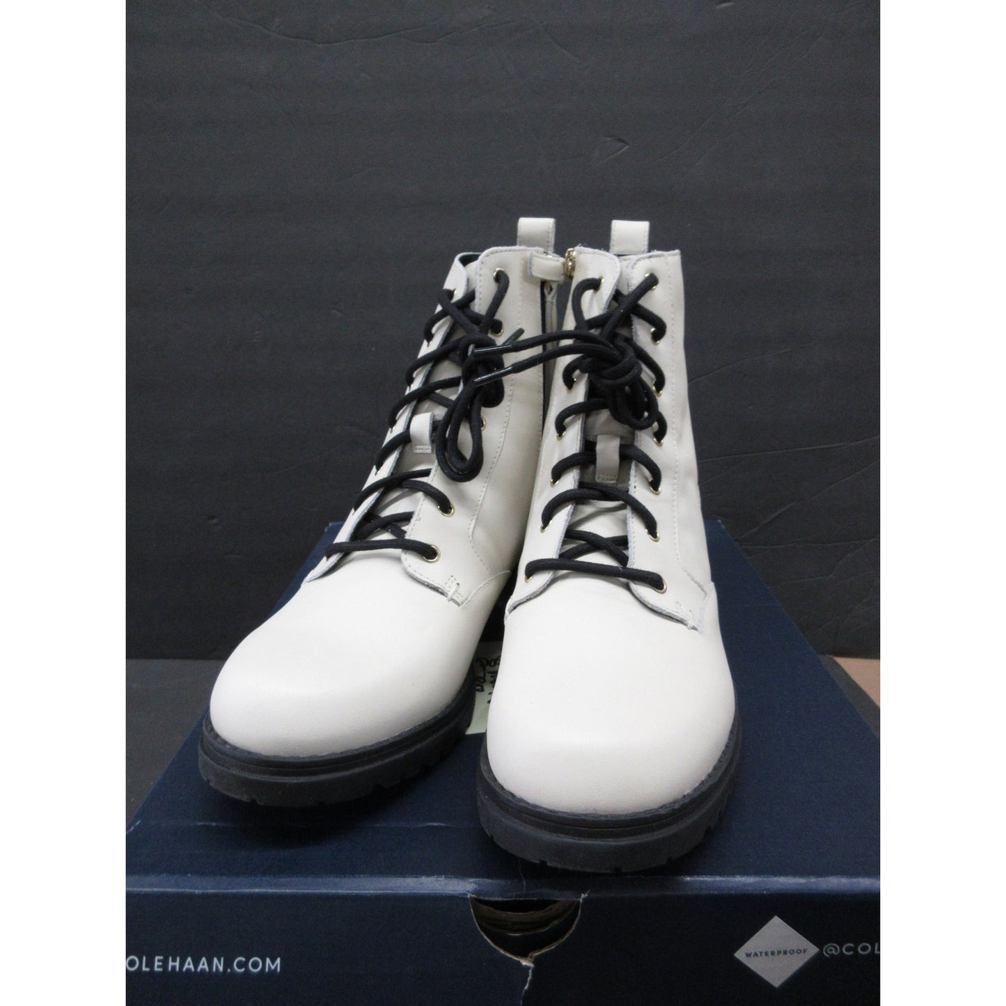 Used Cole Haan Women's CAMEA Waterproof Combat Boots, Ivory Leather, Size 9