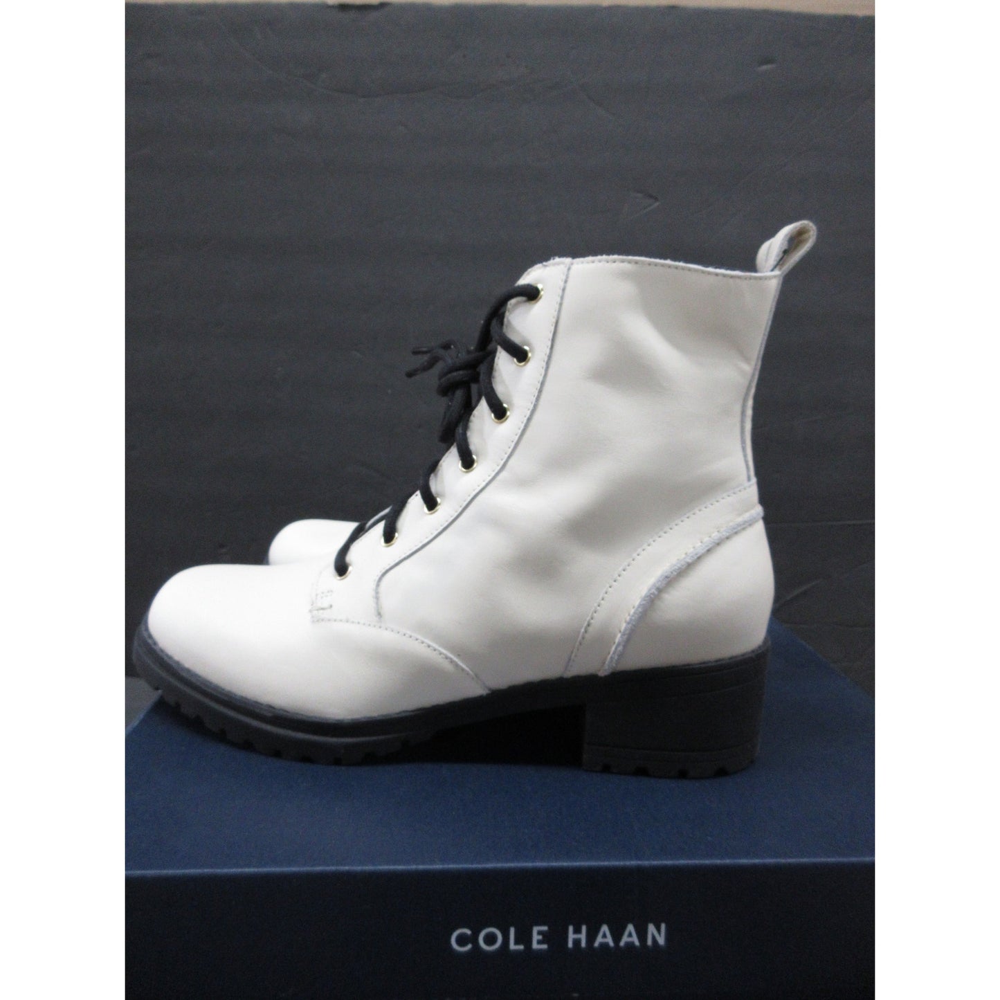 Used Cole Haan Women's CAMEA Waterproof Combat Boots, Ivory Leather, Size 9